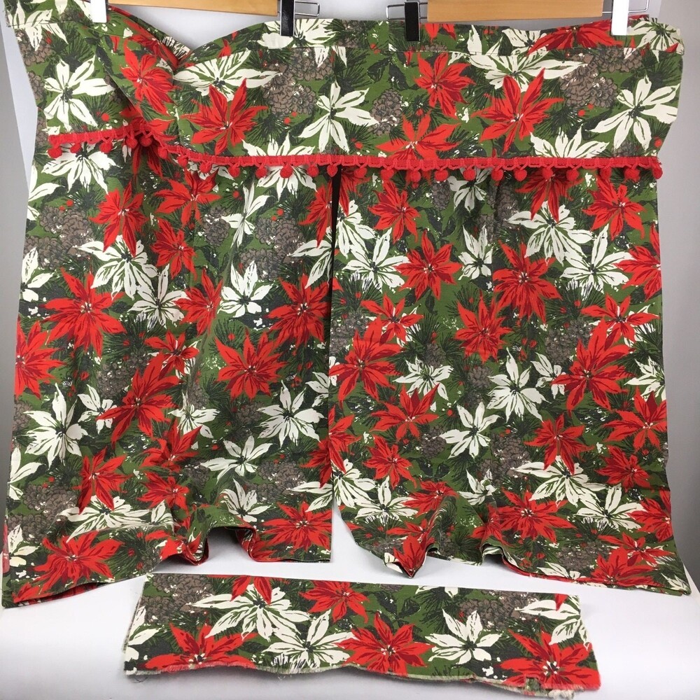 VTG Christmas 36" Window Curtains Valance Fabric Scrap Poinsettia Pom Pom X-Mas